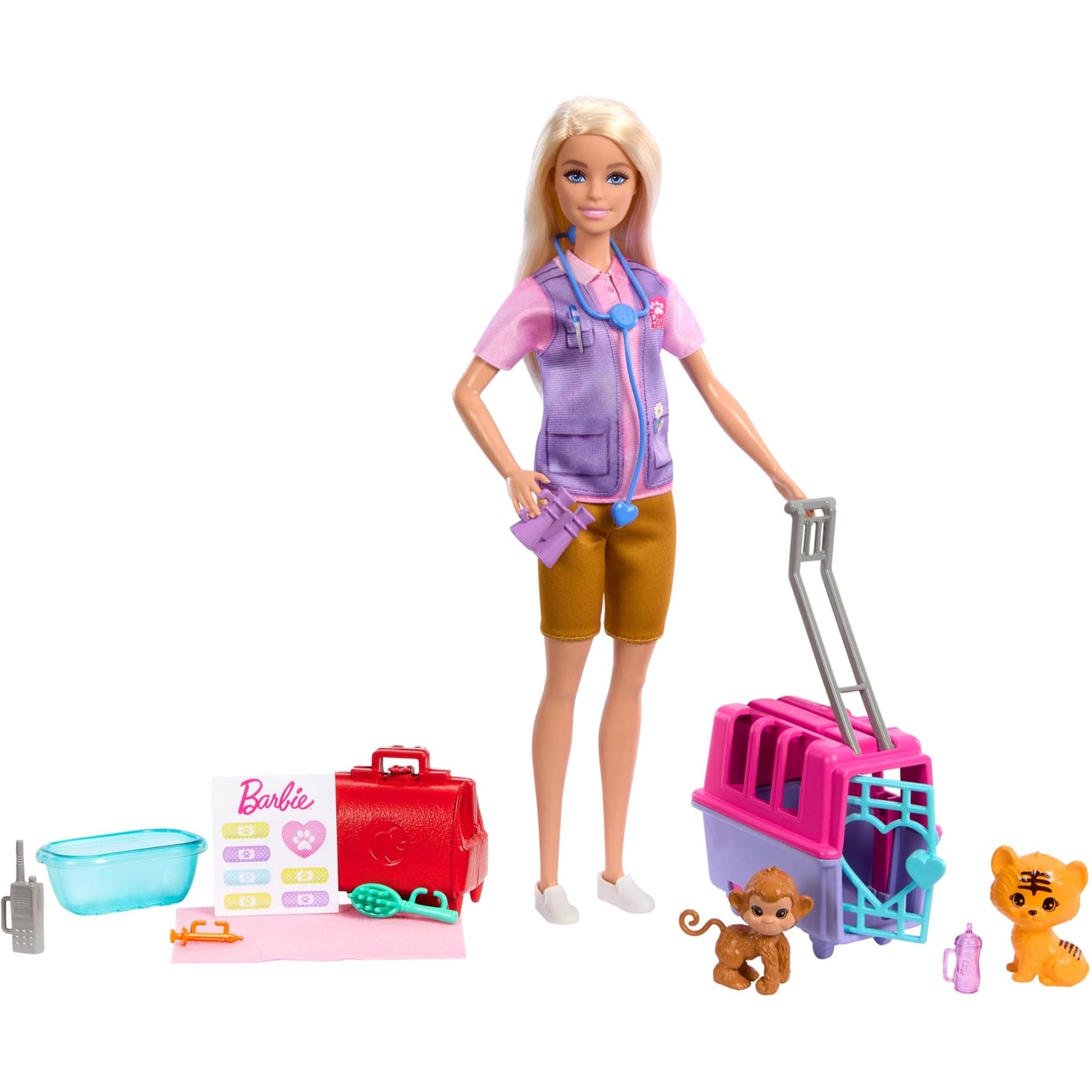 Barbie-Tierrettungsspielset mit blonder Puppe, 2 Tierfiguren und Zubehör
