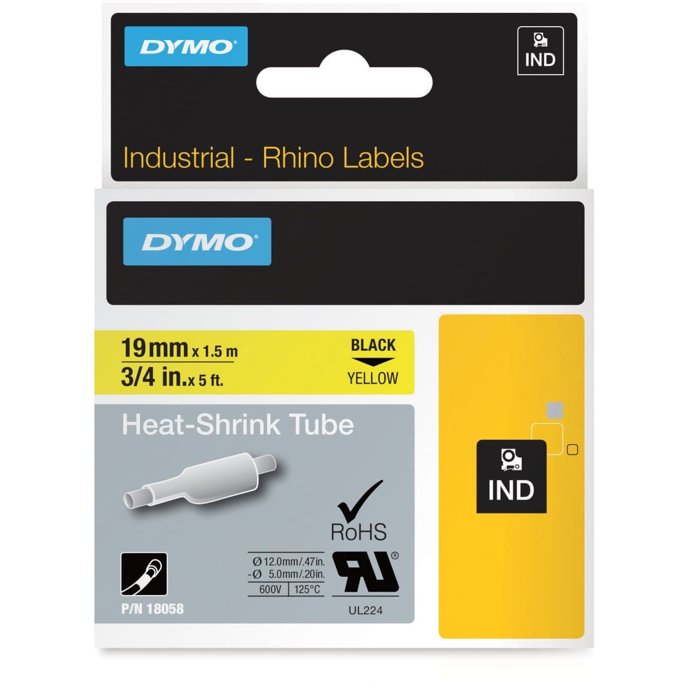 Rhino IND ORIGINAL Heißschrumpfschlauch 19mm x 1,5m, schwarz auf gelb, Etiketten- Schrumpfschlauch