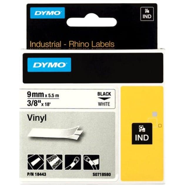 Rhino IND ORIGINAL Schriftband Vinyl 9mm x 5,5m, schwarz auf weiß