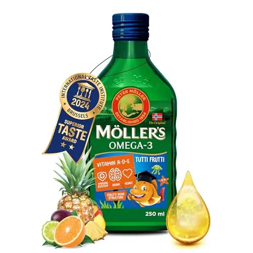 Möller's Omega 3 Lebertran | Nordic omega 3 kinder Nahrungsergänzung mit EPA, DHA, Vitamin A, D und E | Hochreiner natürlicher Lebertran | 165 Jahre alte Marke | Tutti Frutti | 250 ML
