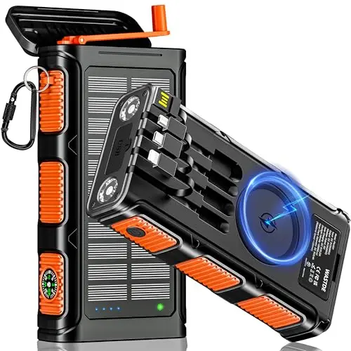 Wireless Solar Powerbank 26800mAh mit Handkurbel und 4 Kabel, Solar Ladegerät Power Bank USB-C Schnellladung 7 Ausgänge 4 Eingänge für Handy, Outdoor Wasserdichter Externer Akku für Camping