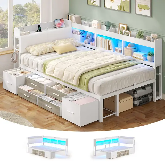 AOGLLATI Polsterbett Schlafsofa 90x200 mit Stauraum Kinderbett mit 6 Staufächern & 6 Schubladen Jugendbett mit LED-Beleuchtung & Ladestation,Tagesbett mit Gepolstertem Kopfteil(Weiß, 90x200cm)