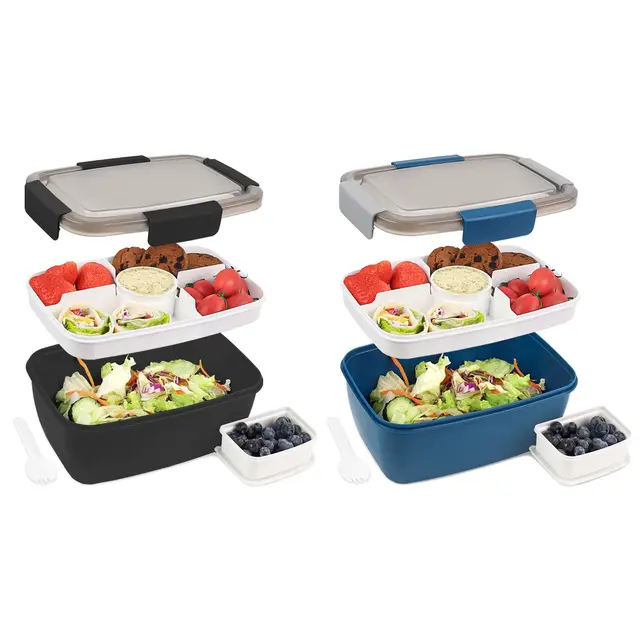 Bugucat Lunchbox Erwachsene 2000ML 2 Set,Auslaufsichere Brotdose Erwachsene Bento Box mit Fächern für Kinder,Salatbehälter Salatbox to Go mit Gabel,Brotdose Frühstücksbox für Schule,Blau+Schwarz