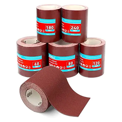 SHALL Schleifpapierrollen-Set 5 Rollen, 9,3 cm x 5 m, Körnung 60/80/120/180/240, Aluminiumoxid-Schleifpapier zum Schleifen, Polieren und Entrosten