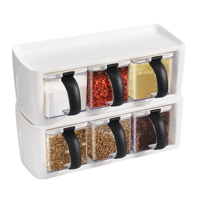 Generisch 2er-Pack transparenter Gewürzorganizer – 3-teiliges Gewürzbox-Set mit Griff und Löffel – Ideale Aufbewahrung für Salz, Zucker und Gewürze in der Küche – Effektive Gewürzregallösung