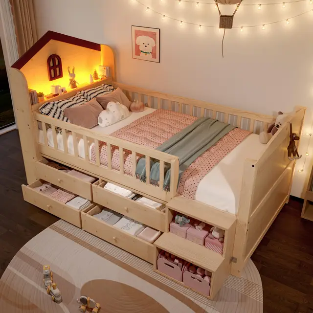 Kinderbett 90x200 cm mit LED-Lichtleiste 4 Schubladen, Holzbett mit Treppe Stauraum, Stauraumbett mit Sicherheitsgitter, Hütten-Design mit Fenster, Natur(Ohne Matratze)