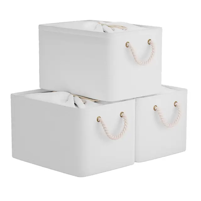 OUTBROS Faltbare Stoffboxen mit Deckel und Kordelzug Weiß 3er-Set