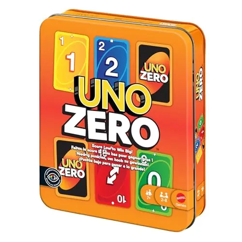 Mattel Games UNO Zero Kartenspiel in Aufbewahrungsdose zum Mitnehmen für Kinder, Erwachsene, Familienabende und Partys, enthält Kartenspiel und Punktekarte, 2 bis 8 Spieler, ab 7 Jahren, JLK16