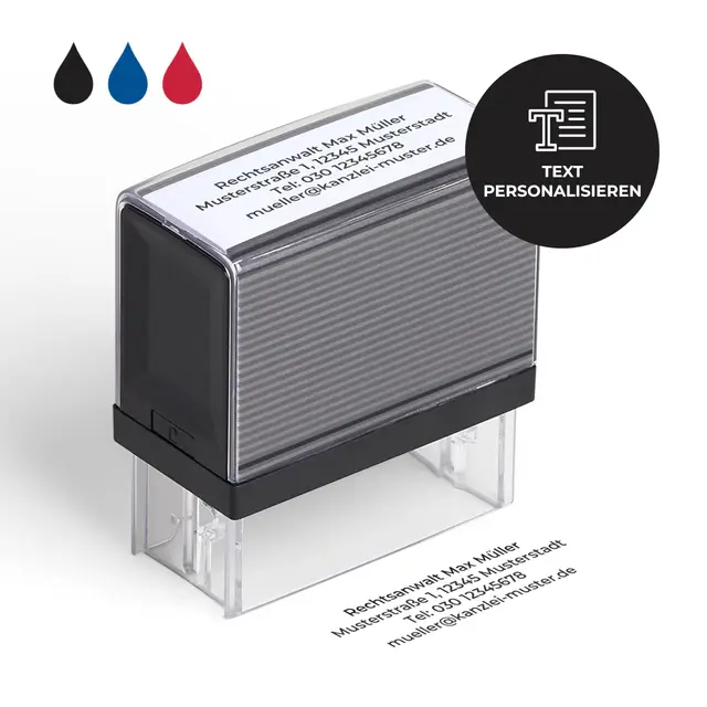 Cimpress Selbstfärbestempel personalisiert mit Wunschtext, als Namensstempel, Firmenstempel oder Adressstempel, Schwarze Tinte 5,7 x 2,1 cm, ideal fürs Büro, Kanzlei, Praxis