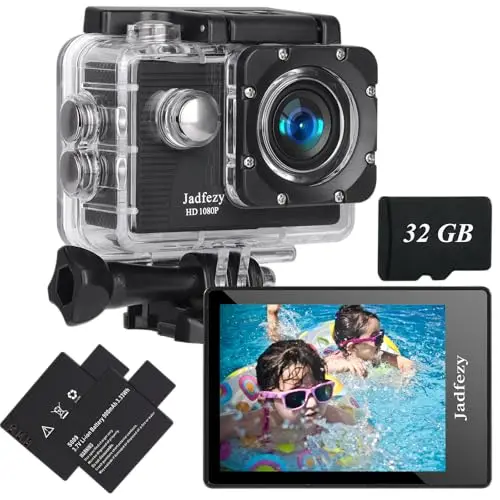 Action Cam FHD 1080P mit 32GB Karte, Unterwasserkamera wasserdicht bis 30M, 140 Grad Weitwinkel Action Kamera mit Zwei 900 mAh wiederaufladbare Akkus und Zubehör-Set