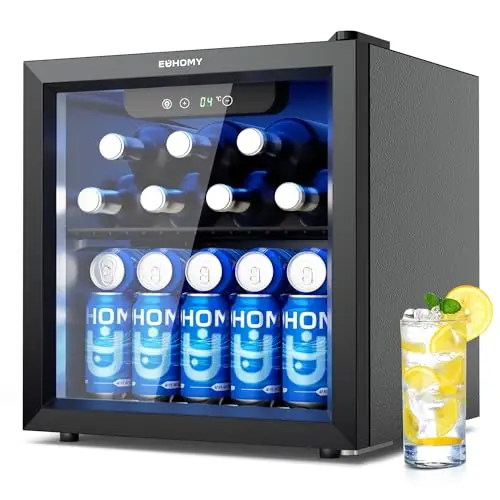 EUHOMY Getränkekühlschrank, Mini Kühlschrank mit Glastür, Bierkühler, Tisch-Getränkekühlschrank für 55 Dosen, Schwarz Freistehender Kühlschrank mit LED, 43dB, für Büro, Zimmer, Bar, 36L, Geräuscharm