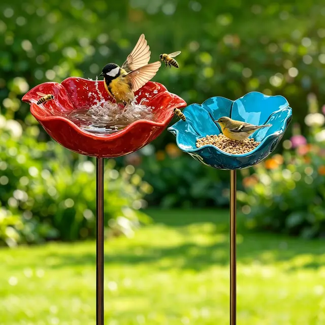 Vogeltränke Metall Futterstation Vögel Gartenstecker,Vogeltränke Winterfest Für Den Garten,Bienentränke Blume Insektentränke Flower Garden Stake Bird Bath, Gartens Für Bienens Schmetterlingstränke (D)