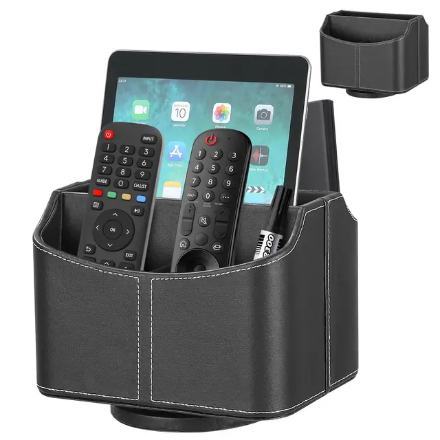 360 Grad drehbarer Fernbedienungshalter, PU-Leder TV Remote Caddy, Tisch Spinning Organizer Aufbewahrungsbox Fall für Media Controller, Telefon, iPad, Brille, Stift (Schwarz)
