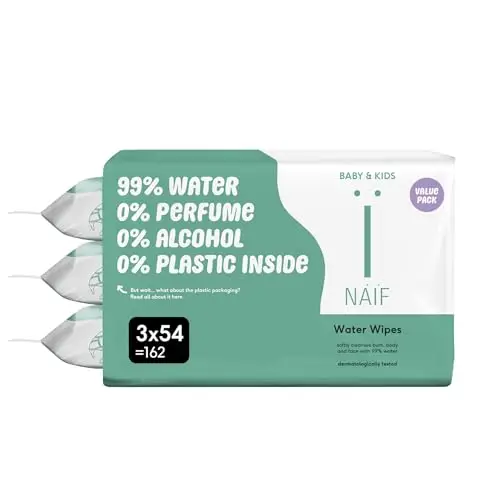 Naïf - Plastikfreie Feuchttücher - 162 Stück (3er x 54 Feuchttuch) - Pflege für Babypo, Körper und Gesicht - 99% aus Wasser - 0% Parfüm und Alkohol