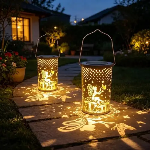 Schmetterlingsfee Solar Garden Lantern,2 Stück Wasserdicht Solarlampen für Außen Hängend,Solarlampen für Außen Garten,Draußen Balkon,Terrasse Dekoration