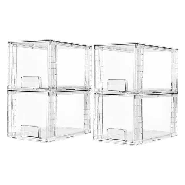 Vtopmart 4Pack Mittel Stapelbare Aufbewahrungsschubladen, Transparente Acryl-Schubladenorganisatoren mit Griffen, einfache Montage für Badezimmer, Schrank, Abstellraum, Make-up