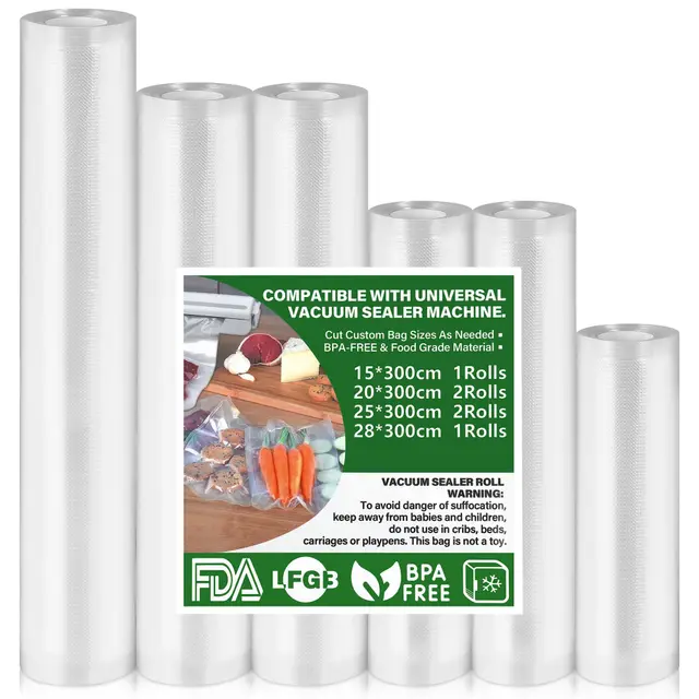 Vakuumierbeutel 6 Rollen Vakuumbeutel Lebensmittel 15|20|25|28x300cm | Vakuumierfolie für alle Vakuumiergerät, BPA-frei, reißfest, 190µm, Sous Vide Gefrierbeutel für alle Mikrowelle