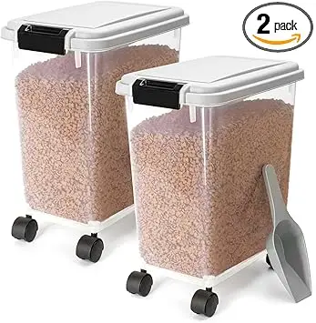 Nobleza - 2 Stück Futterbehälter für Haustiere, 20 L, für Haustiere, Lebensmittelbox mit Rädern, Klappdeckel, Luftdicht, Transparent, Rollen und Schaufel, für Hunde und Katzen, Grau