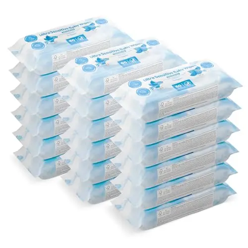 by Amazon Ultrasensitive Babyfeuchttücher, 100% pflanzliche Fasern, 99% Wasser, 1080 Tücher, Unparfümiert, 18 Packungen à 60 Stück
