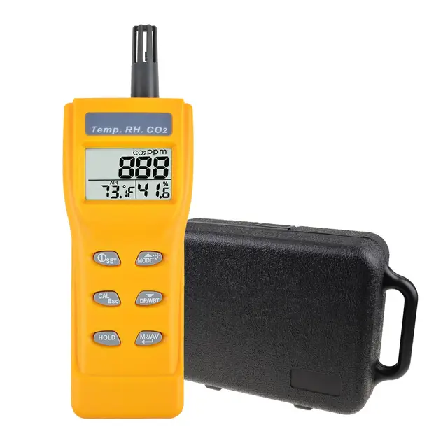 CO2 Messgerät Melder, Mobiler CO2 Detektor und Monitor (0–9999 ppm) – Kohlendioxid-Messgerät mit Alarmfunktion sowie Temperatur- und Feuchtigkeitsanzeige – Luftqualitätsmonitor mit NDIR-Sensor