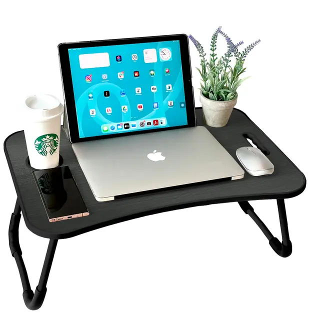 unycos - Betttablett Klappbar, Frühstückstablett mit Griff und Getränkehalter, Serviertisch, Ideal für Lesen und Arbeiten, Auch als Lapdesk Verwendbar 60x40x26 cm (Schwarz Neu ohne Schublade)