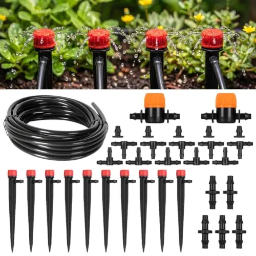 33 Stück Tropfbewässerungsset, Automatisches Gartenbewässerungssystem mit 5M Bewässerungsrohre, Durchgangsverbinder, T-Verbindungsstück, Schlauchendstopfen, Beregnungsanlage Garten Zubehör