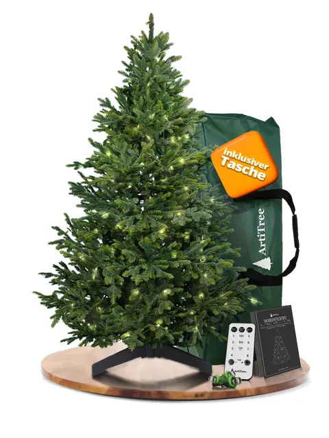 ArtiTree Künstlicher Weihnachtsbaum 180 cm – 100 % Spritzguss Nordfichte mit LED | Premium Tannenbaum naturgetreu inkl. FSC-Holzständer & Aufbewahrungstasche