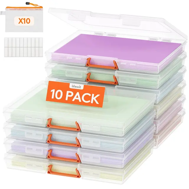 Lifewit 10 Pack Stapelbar Aufbewahrungsbox A4 mit Deckel & Griff, Tragbar Din A4 Box mit 10 Reißverschlusstaschen und Etikett, Dokumentenbox Storage Box für Papier Foto Bastelbedarf, 32 x 24 cm/12x9