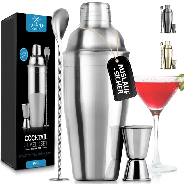 Zulay Kitchen Premium Cocktail Shaker 700ml, Cocktail Set aus Edelstahl, Boston Shaker mit integriertem Sieb, doppelseitigem Jigger und Kombi-Stößel-Rührlöffel – Pro Bar Zubehör, Barkeeper Mixer Set