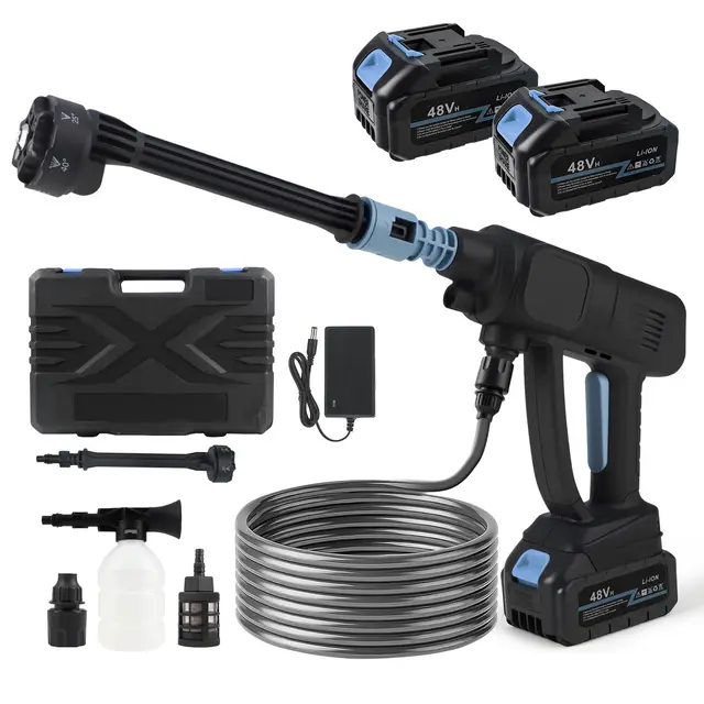 Akku Hochdruckreiniger,1060PSI Mobiler Hochdruckreiniger mit 2*10000mAh Akkus,6-in-1-Düse und 5M Schlauch und Schaumkanone,Mobiler Hochdruckreiniger,Tragbarer Pistole für Auto,Terrasse,Garten,Fahrrad