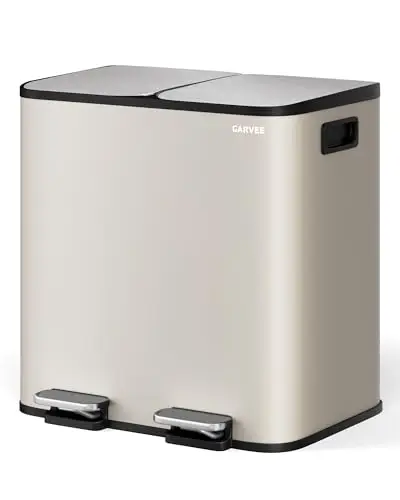 GarveeHome Mülleimer Küche, 2 x 15 L, Mülltrennsystem 2 Fächer, Edelstahl-Tretmülleimer mit 2 getrennten Fußpedalen, Soft-Close-Deckel, für Recycling & Biomüll, herausnehmbare Inneneimer, Beige