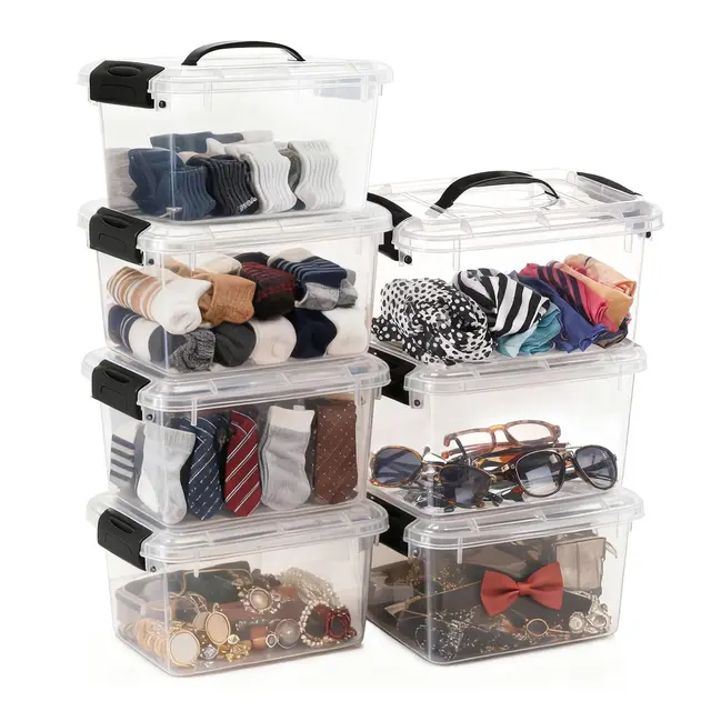Greentainer 7er Set 6,5L Spielzeug Organizer Aufbewahrungsbox mit Deckel & Griff,Stapelbar Kunststoffbox mit Clips aus Plastik für Kleidung,Küche,Bücher,Büro,BPA Frei|Verschiedene Größen|Transparent