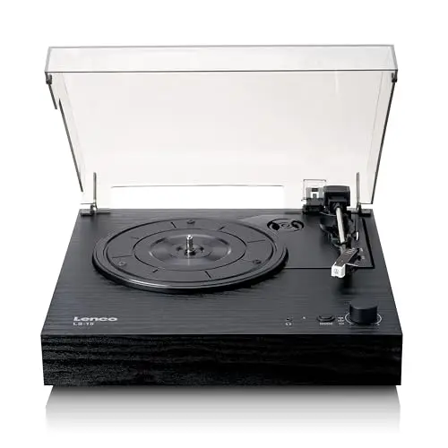 Lenco LS-15BK Plattenspieler mit Lautsprecher und Bluetooth - Vinyl Player, Bluetooth® Empfang & Übertragung, AT3600L Tonabnehmer, Riemenantrieb, Auto-Stop, 33/45 U/min, AUX & RCA - Schwarz