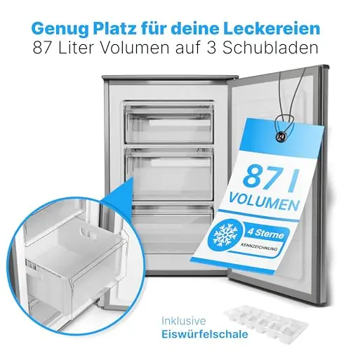 Bomann® Gefrierschrank | 87 L | energieeffizient, leise & klein | ≤ -18 °C, stufenlos regelbar | 3 Schubladen & Eiswürfelschale | 4-Sterne-Gefrierfach, Türanschlag wechselbar | GS 7253 inox