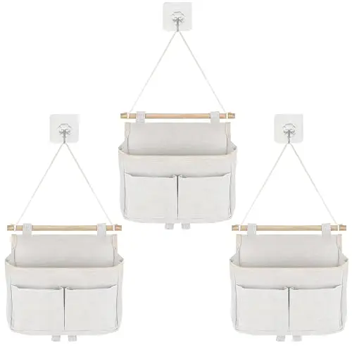 CATELL 3 Stück Hängeorganizer Hängende Aufbewahrungstasche 3 Fächer Tür Organizer Leinen Hohe Kapazität Hängeaufbewahrung Beige Organizer Hängend mit 3 Haken hängeorganizer tür für Büro Zuhause Bad
