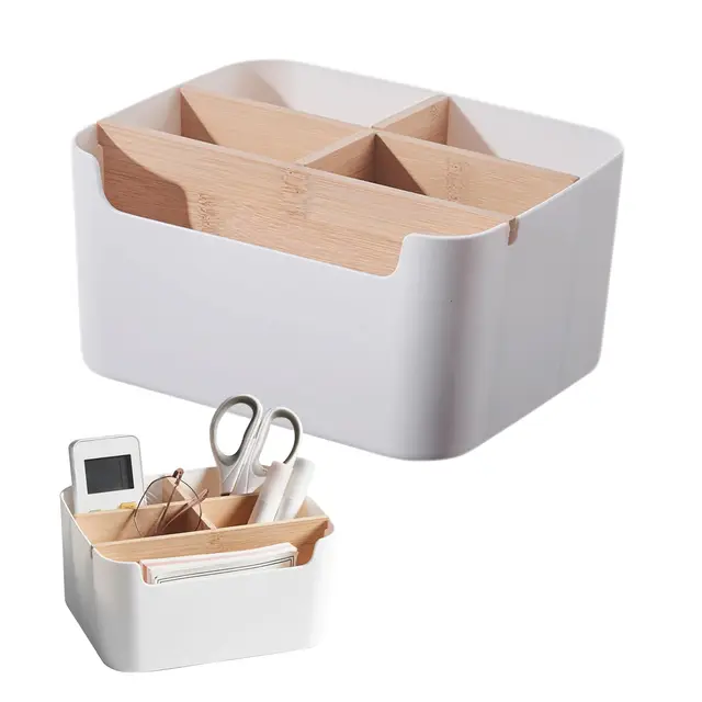 Schreibtisch Organizer – 5 Fächer Aufbewahrungsbox mit Stifthalter, Bambus Abnehmbaren Trennwänden, Stifte Organizer für Büro, Kosmetik, Fernbedienung, Handy, Notizzettel & mehr