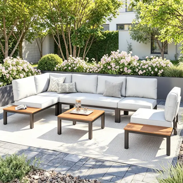 PHI VILLA Metall Gartenmöbel Set für 6 Personen, L-förmige Modulare Lounge Möbel Outdoor Ecksofa Terassenmöbel Außen Gartensofa Wetterfest mit Kissen und Couchtisch, Beige-Grau