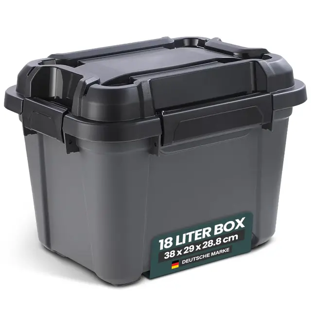 Kreher® Lagerbox Bunker Tough Aufbewahrungsbox mit Deckel und Silikondichtung (IP67/IPX7). Aus robustem Kunststoff in verschiedenen Größen. Ideal für feuchte Räume, Keller, Garage, Camping uvm. (18L)