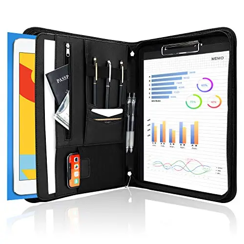 ProCase A4 Schreibmappe PU Kunstleder Konferenzmappe Portfolio mit Reißverschluss Klemmbrett Notizblock Business Dokumentenmappe, leichtes, langlebiges Material- Schwarz