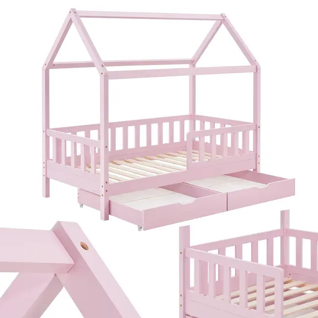 Juskys® Kinderbett Marli 80 x 160 cm mit Matratze, Bettkasten, Rausfallschutz, Lattenrost & Dach - Massivholz Hausbett für Kinder - Bett in Rosa