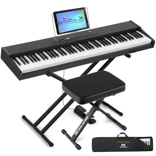 MUSTAR E Piano Digital 88 Tasten, Keyboard mit halbgewichteten & Bluetooth, Portable Set mit Sustain Pedal, Keyboardständer und Tragetasche (Schwarz & Pianobank)