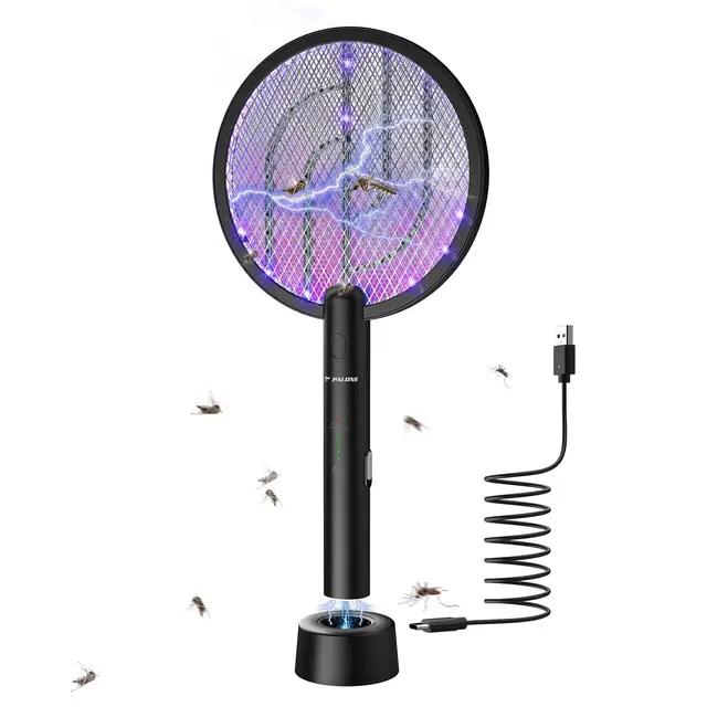 PALONE Elektrische Fliegenklatsche, 4000V Wiederaufladbar Insektenvernichter UV Elektrischer Mückenklatsche USB Fliegenfänger Insektenfalle mit Basis - Schwarz