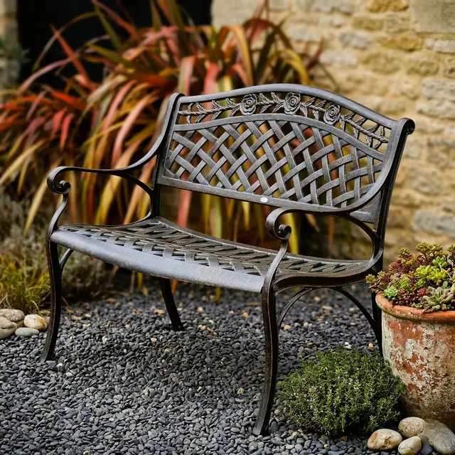Lazy Susan Rose Metall-Gartenbank | 2-Sitzer wetterfeste Aluminium-Gartenbank | Gussaluminium, rostfrei | 3 Jahre Garantie (Antik Bronze)