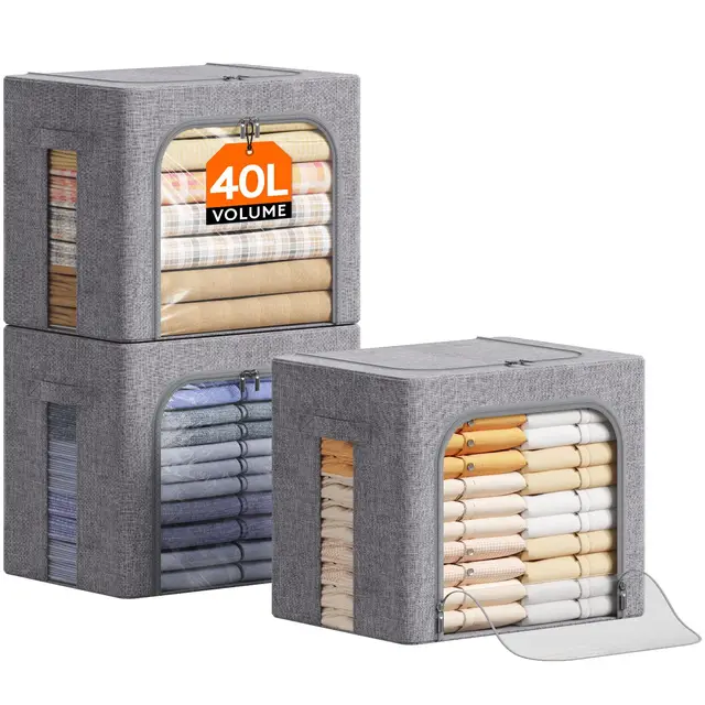 Lifewit 40L Aufbewahrungsbox mit Deckel, Kleidung Aufbewahrung, Faltbare Kleideraufbewahrung mit Metallrahmen, Stoffbox mit Griffen & Fenster, Aufbewahrung Kleiderschrank, 3er Set, Hellgrau