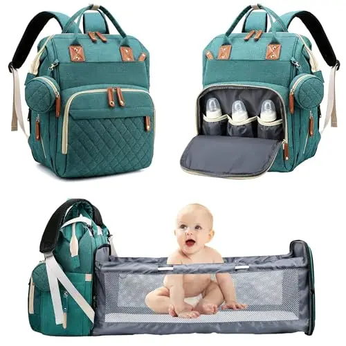 Wickeltasche Rucksack Baby Wickelrucksäcke mit Großer Kapazität Tragbare Reisewindeltasche mit faltbarem Kinderbett mit Multifunktions Babytaschen und mobiler Wickelauflage Babybettrucksack