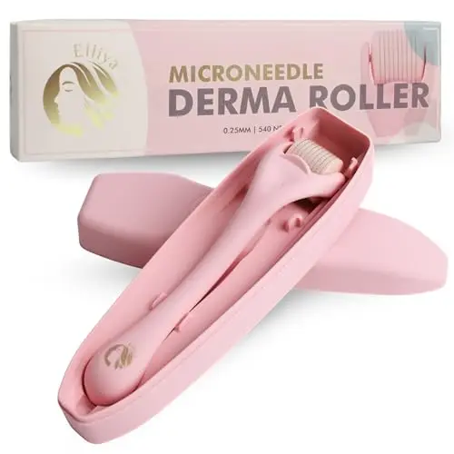 Elliya Rosa Derma Roller mit 0,25 mm Titan-Nadeln - Gesichtspflege- und Hautpflegewerkzeug mit Etui - Microneedling-Roller für glatte Haut - Hautpflegeroutine für Zuhause