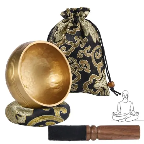 Tibetische Klangschalen Set Ø8cm, Klangschale klein für Yoga Meditation Entspannung, Hand gehämmert Messing Singing Bowl mit Holz Klöppel Klangschalenkissen Aufbewahrungsbeutel (Schwarz-Gold)