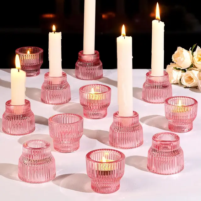 12 Stück Rosa Kerzenhalter, Glas-Kerzenhalter Kerzenständer, Teelichthalter für Outdoor Hochzeit, Tischdekoration, Votivkerzenhalter für Partyzubehör und Heimdekoration