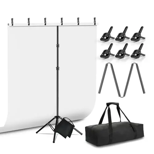 Weißer Hintergrund mit Ständer 1,5 x 2 m, HolaDream Fotohintergrund Weiß mit Verstellbarer T-förmigem Hintergrund Ständer, Hintergrundständer Set für Chroma Key, Streaming, Gaming, Fotoshooting