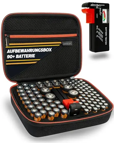 AKIELO+ Batterie Aufbewahrungsbox Mit Universalem Tester (Edition Core – Über 90+) – Unordnungfreie Batteriebox Aufbewahrung für Batterien AA, AAA, C, 9V (Nicht Enthalten)